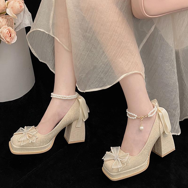 Fashion Champagne Ladies Platform High Heels 2024 Summer New Luxurious Rhinestones Wedding Bridal Shoes Sweet Beaded Women's Pumps