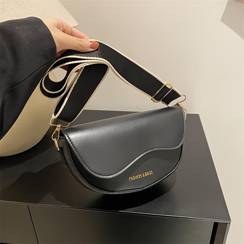 One Women's PU Fashion Saddle Bag Small Bag with Wide Shoulder Strap and Cover Closure Single Shoulder Crossbody Bag