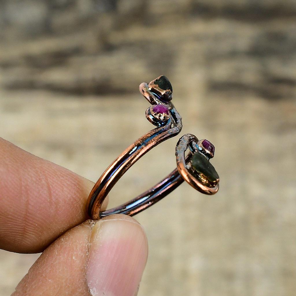 Anillo de Turmalina Multicolor en Bruto Anillo de Cobre Electroformado Anillo Ajustable Hecho a Mano Joyería de Cobre Anillo Para Mujer Joyería de Piedras Preciosas Electroformadas