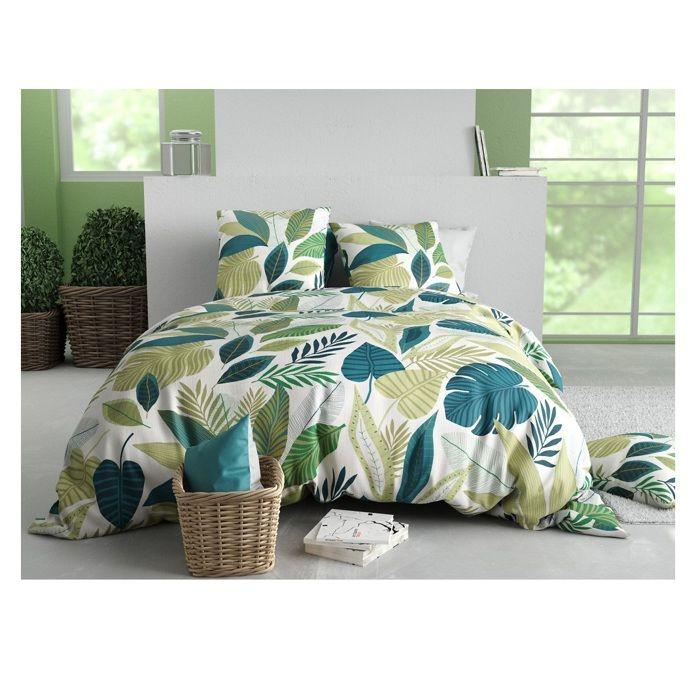 Parure de lit - Housse couette + 2 taies - 220 x 240 cm - Feuillage tropical - 100% coton doux