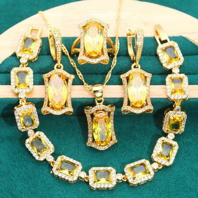 New European and N Women Fashion Square Bracelet Earrings Necklace Set Fashion Diamond Wedding