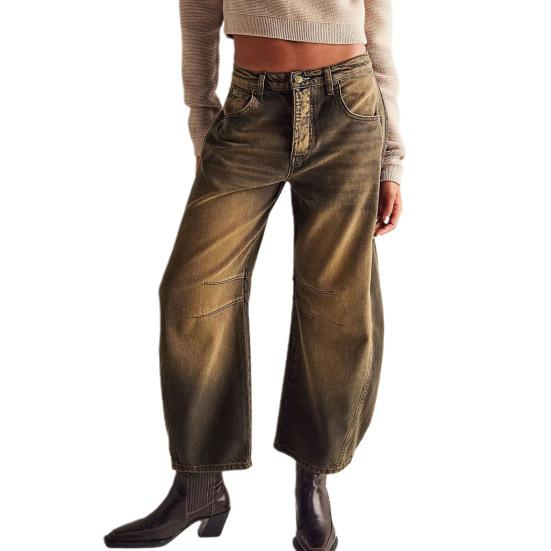 Women Jeans Denim Loose Straight Wide Leg Mid Waist Gradient Color Hip Hop Retro Ankle Length Pockets Soft Breathable Lady Long Pants Trousers