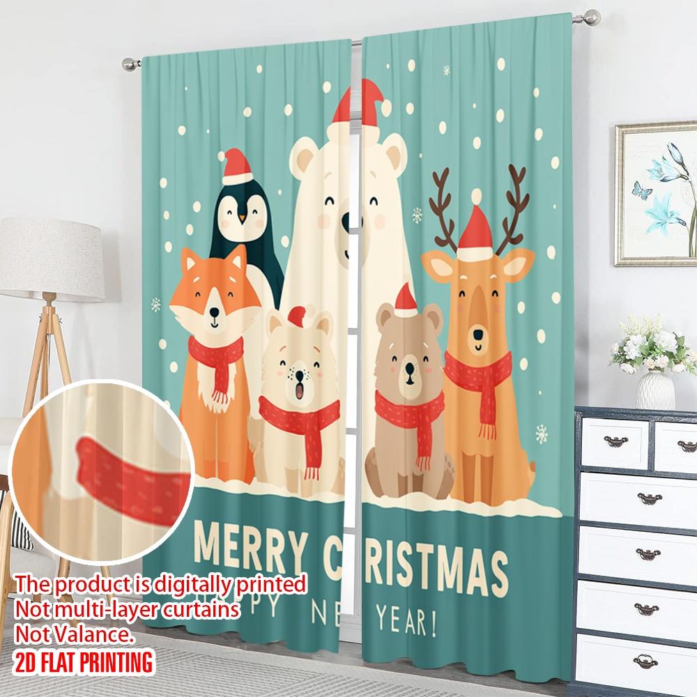 2pcs 2D flat printing Fashionable Christmas Curtains Cute Christmas Animals Merry New Year Digital Printed Polyester Drapes