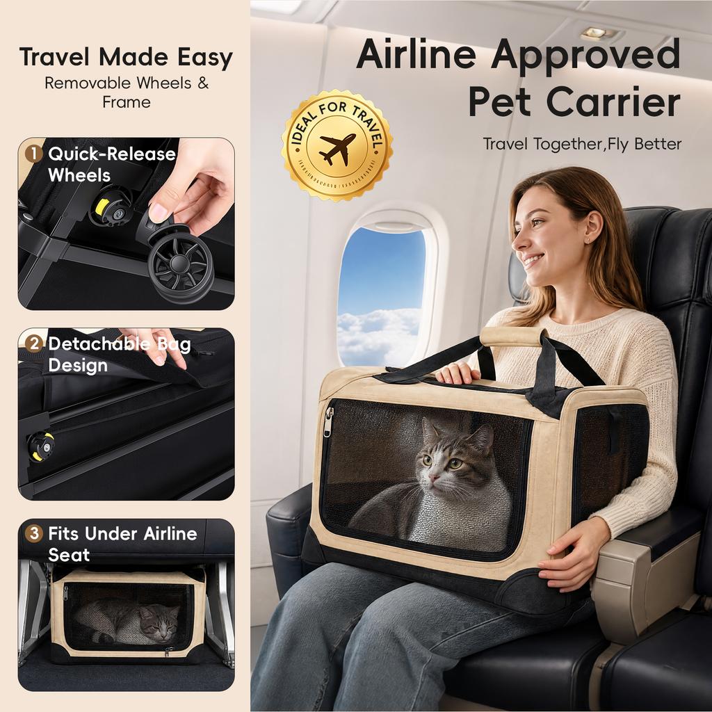 Rolling Pet Box with Telescopic Handle, Foldable Pet Travel Cart with Wheels, Breathable Mesh Dog and Cat Bag Trolley