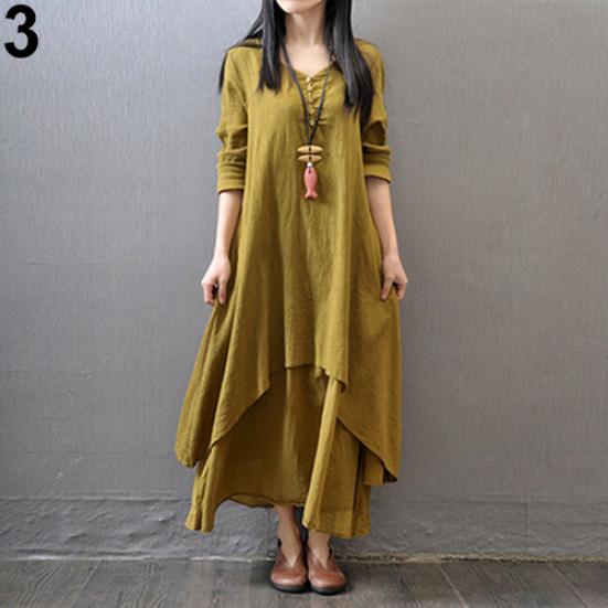 Women Fashion Autumn Casual Rayon Linen Long Sleeve Maxi Dress Kaftan