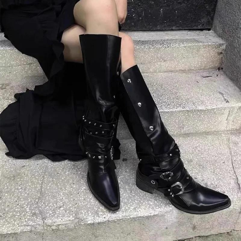 

Woman Black Punk Knee High Platform Low Heel Trend Punk Gothic New Rock Leather Women Chunky Knight Motorcycle Footwear 35