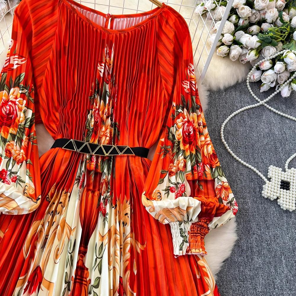 Outono Plissado Lindo Estampa Floral Vestido Longo de Férias Feminino Gola Redonda Manga Lanterna Cinto Elástico Alto Roupas Longas