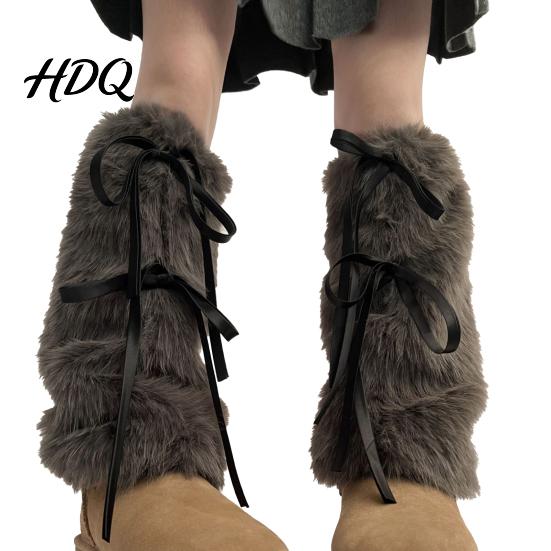 Christmas Party Women Winter Leg Warmers Fuzzy with Bows Faux Fur Cosplay Accessory for Legs