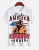 2026 New Pure Cotton Tshirt American Vintage Distressed Denim Horse Riding Print Summer Casual Loose Round Neck Top