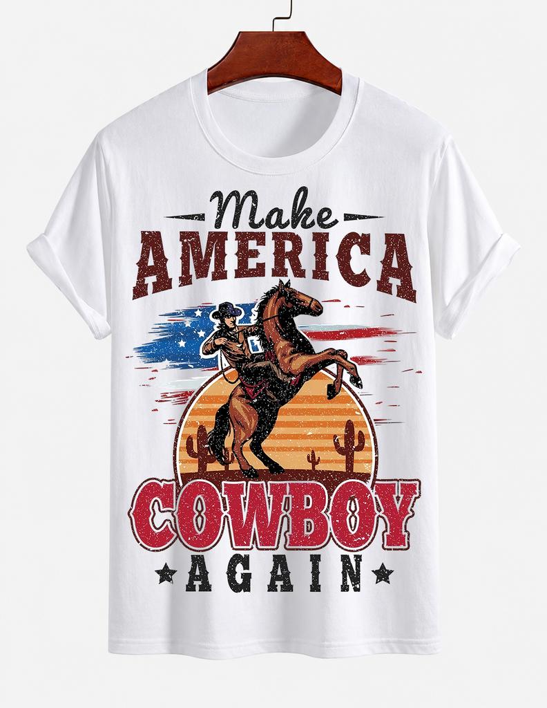 2026 New Pure Cotton Tshirt American Vintage Distressed Denim Horse Riding Print Summer Casual Loose Round Neck Top