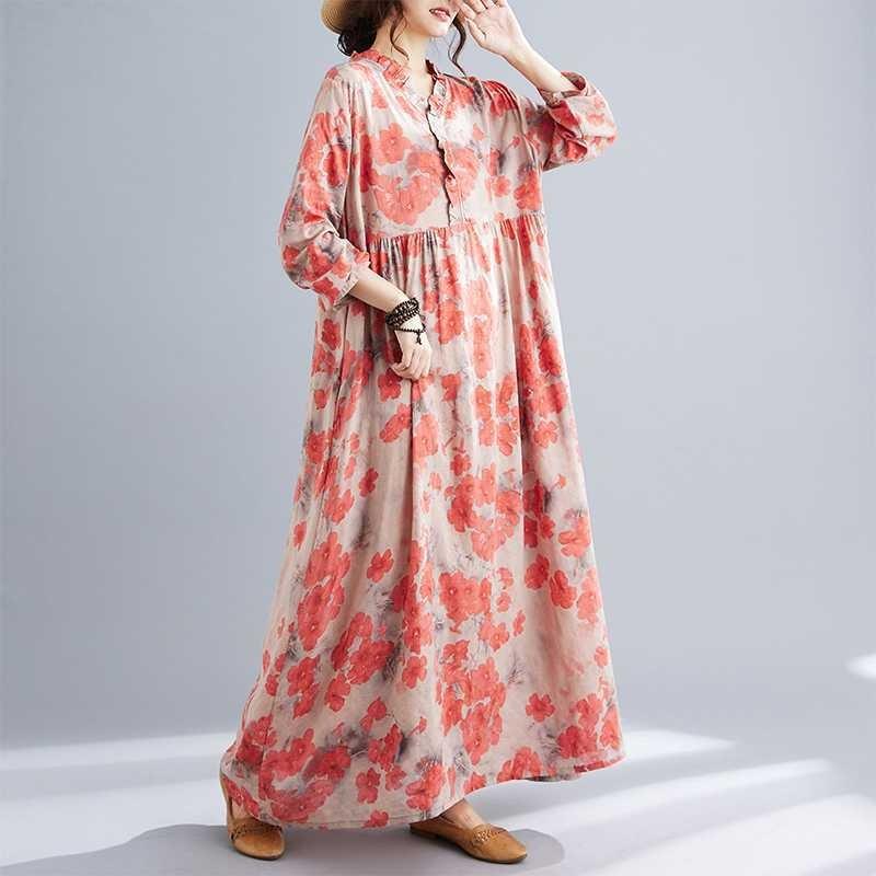 New Retro Printed Loose Belly Shading Mulle Lace Long Sleeve Dresses