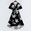 Women V Neck Short Sleeve Floral Print Dress Casual Loose Fit Summer Midi Dress Lightweight Flowing Elegant Style