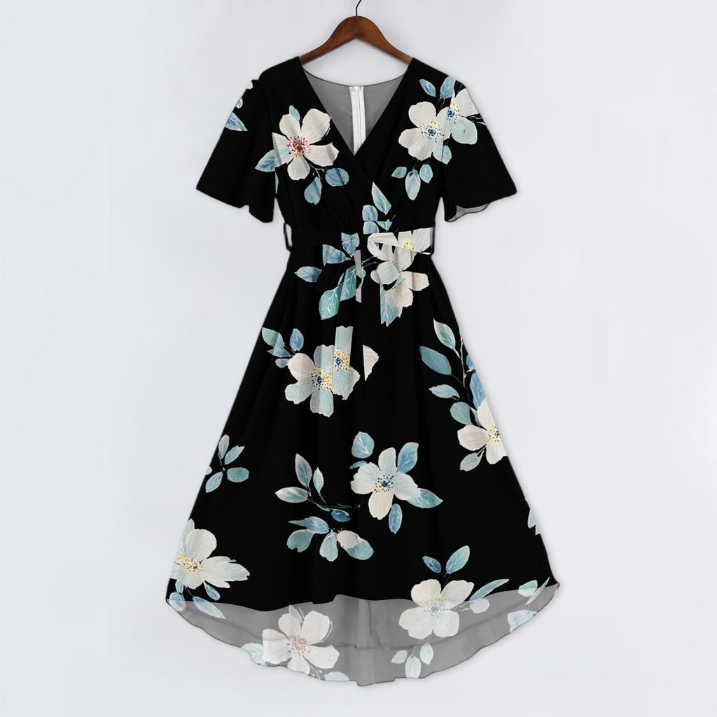 Women V Neck Short Sleeve Floral Print Dress Casual Loose Fit Summer Midi Dress Lightweight Flowing Elegant Style