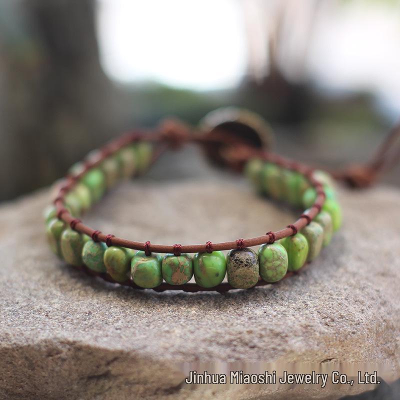 Freeform Shoushan Stone 5x7 Emperor Leather Woven Bohemian Bracelet