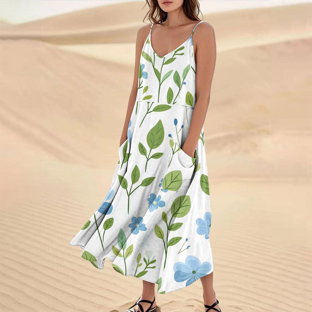 Women's Casual V Neck Floral Print Sleeveless Pocket Suspender Dress