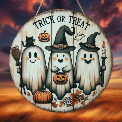 1PC 2D Halloween de madeira três abóboras fofas de fantasmas vassoura parodia 7,9 polegadas/20 cm placa redonda para pendurar decoração de parede ou porta arte de parede
