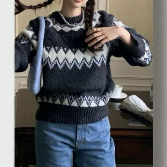 2026 Women's Diamond Jacquard Color Block Sweater - Autumn/Winter College Style Loose Knit Pullover