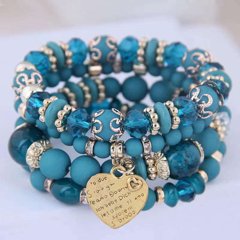 Bohemian Multilayer Elastic Rope Bracelet with Alloy Heart Pendant
