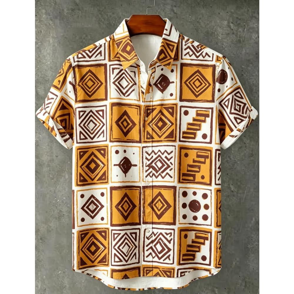 Camicia da uomo a maniche corte stampata geometrica con ritratto tribale, Per viaggi casual, Viaggi in spiaggia e stile vacanza etnica