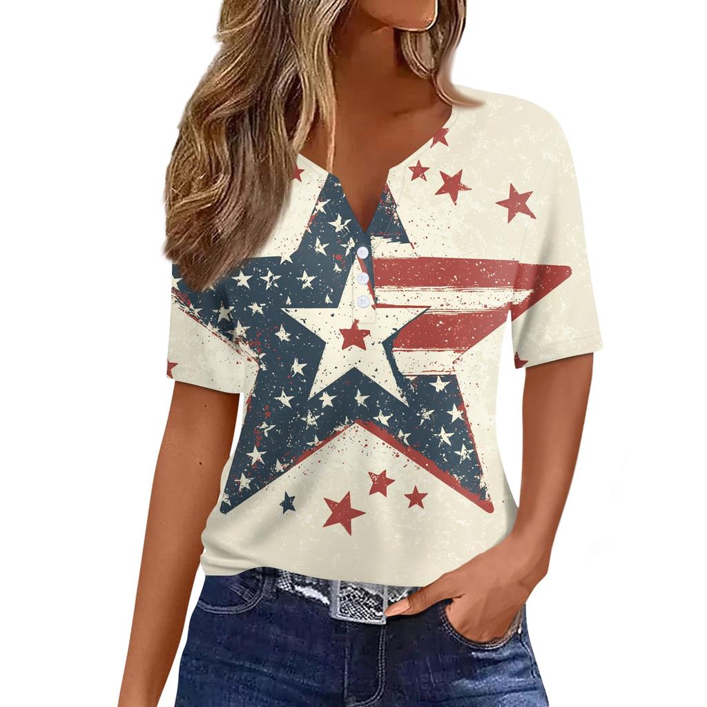 Women's T Shirt Tee Print Button Short Sleeve Daily Weekend Fashion Basic V- Neck Regular Top