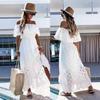 Abito Lungo Bianco Bohemien da Donna Manica Corta Scollo a Barca Pizzo Ruffle Ampio Abito Estivo Vacanza Spiaggia Abiti Casual Femminile