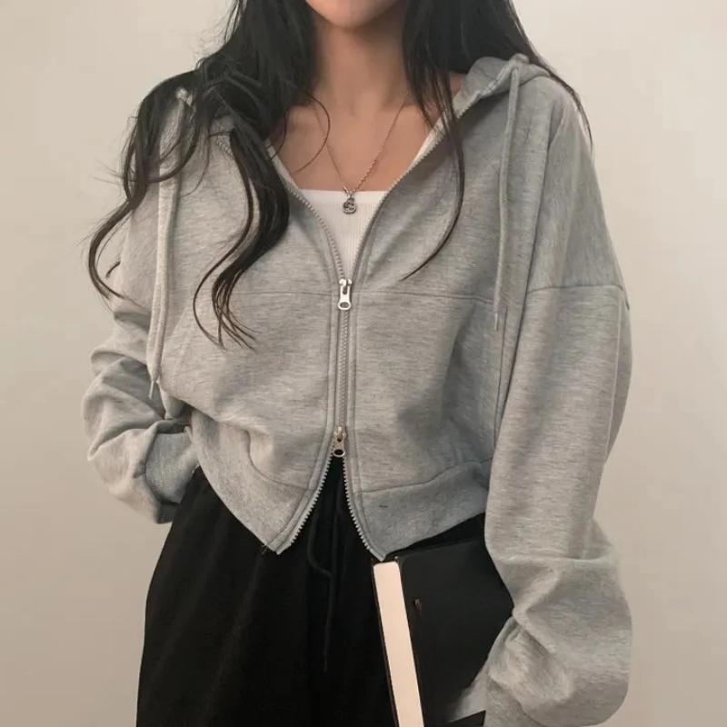 Осеннее милое длинное пальто с длинным рукавом корейская мода повседневная однотонная одежда на молнии шикарный дизайн для девушек кардиган с двойной открытой молнией S темно-серого 2980₽