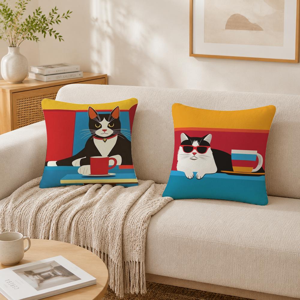 Bop Style Coffee Cats Pillow Case Double-Sided Plush Sofa Cushion Covers Organic Breathable Invisible Zipper