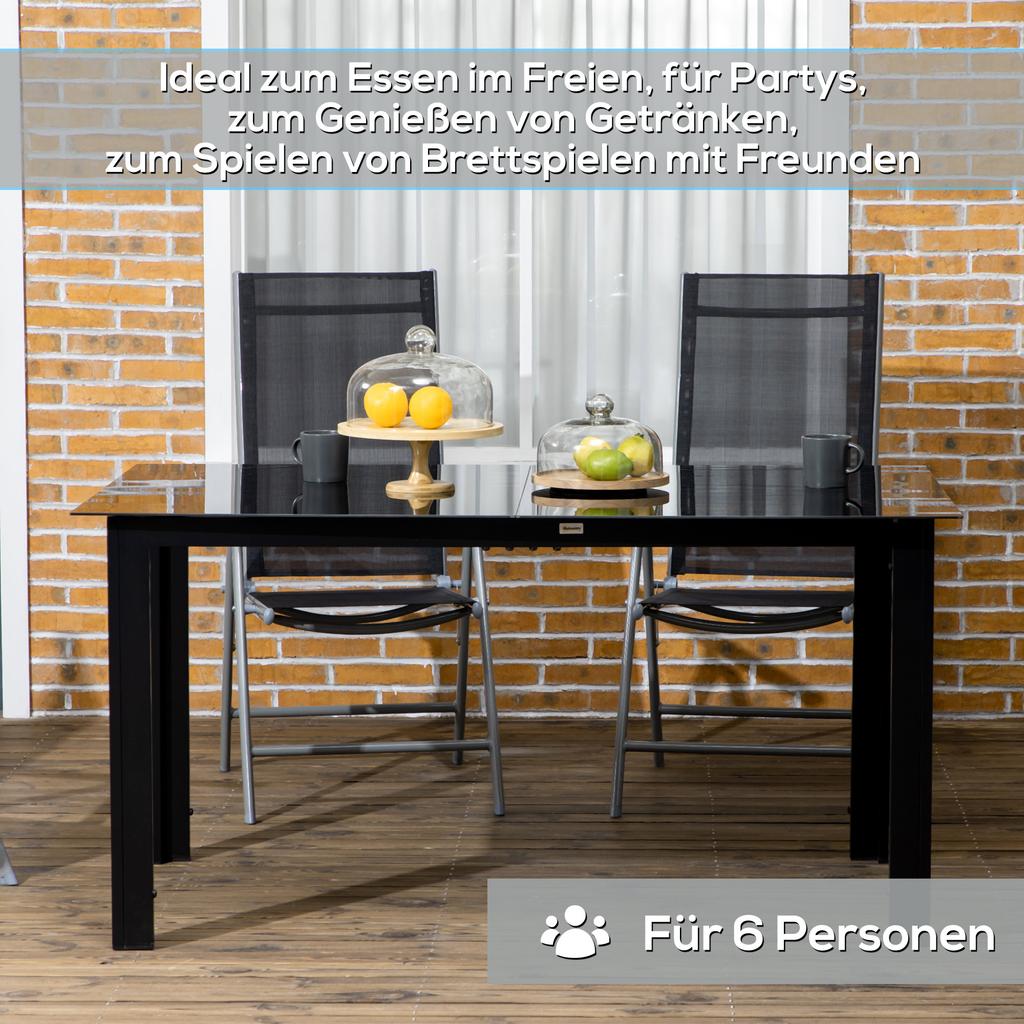 Outdoor Dining Table for 6, Aluminium Rectangular Garden Table with Tempered Glass Tabletop for Yard, Patio, Black