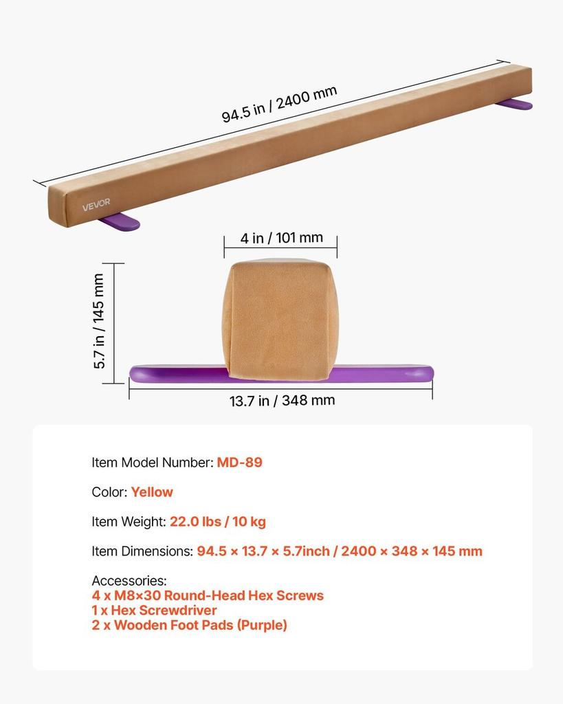 8 Fuß Balancebalken für Kinder, 158,7 kg stabiler Halt, Gymnastikbodenbalken mit rutschfesten Holzmatten, Holzkerngymnastik-Trainingsgerät mit