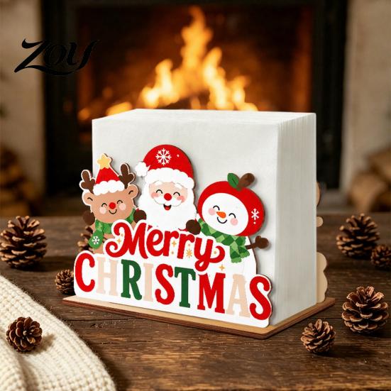 Decorative Wooden Napkin Stand Christmas Tissue Holder, Dispenser with Santa Gingerbread House Elk Rack Pattern, Organizer for Dining Table