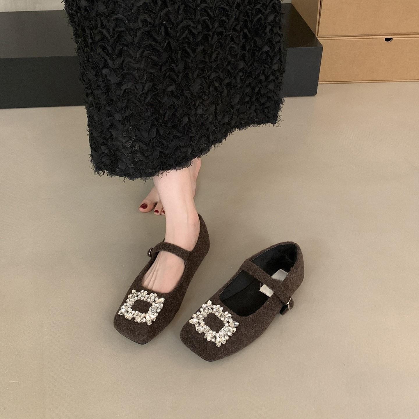 

Flat season velvet square buckle rhinestone fluffy shoes femininity Mary Jane single shoes thermal cotton shoes 40 коричневий