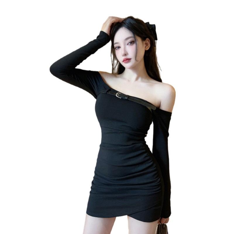 Korean Chic American Retro Spice Girl Style One Word Shoulder Long Sleeves Tight and Thin Pure Desire Short Hip Wrap Dress Women