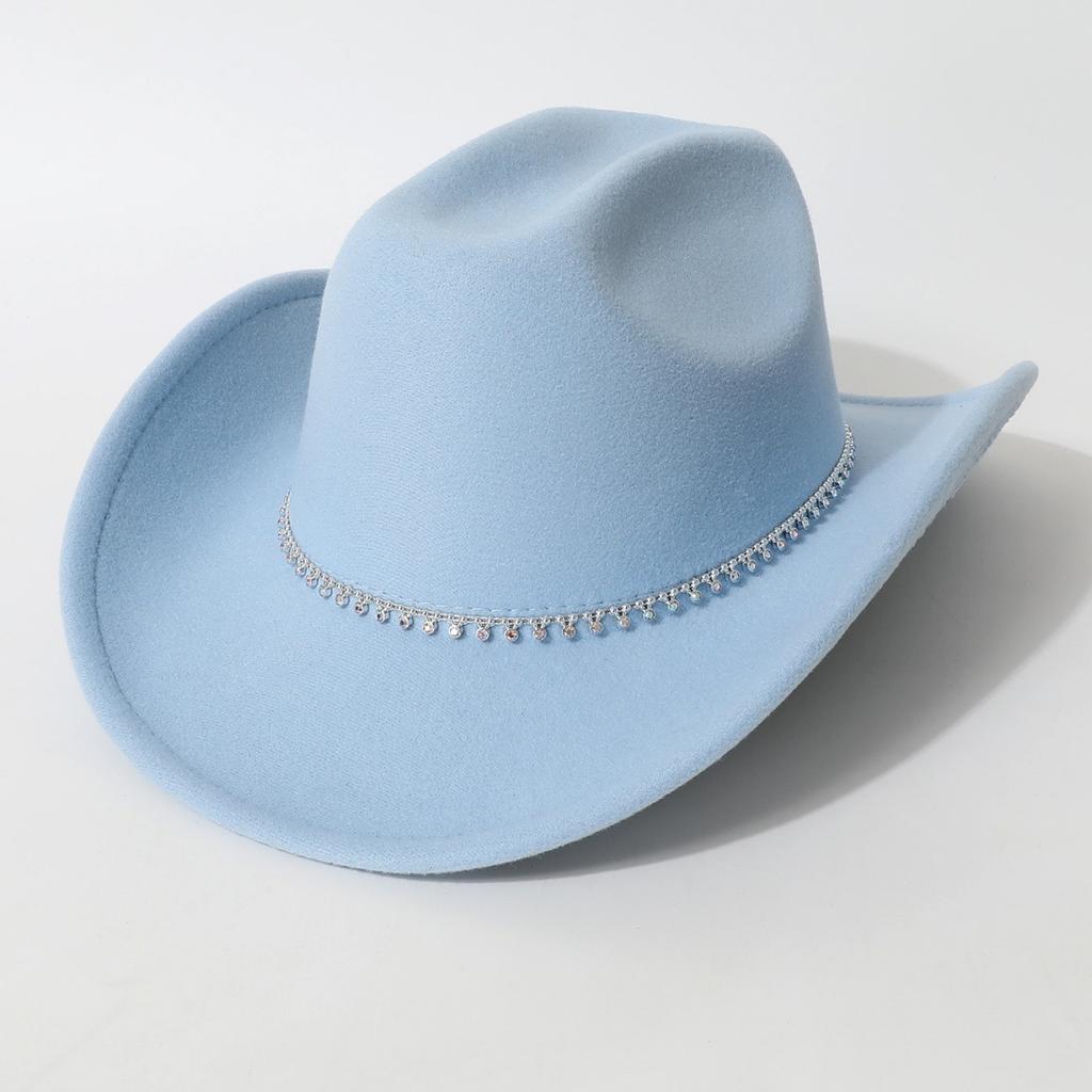 New European and American style flat-top woolen hat, western cowboy hat, unisex hat, equestrian hat with single row of rhinestones