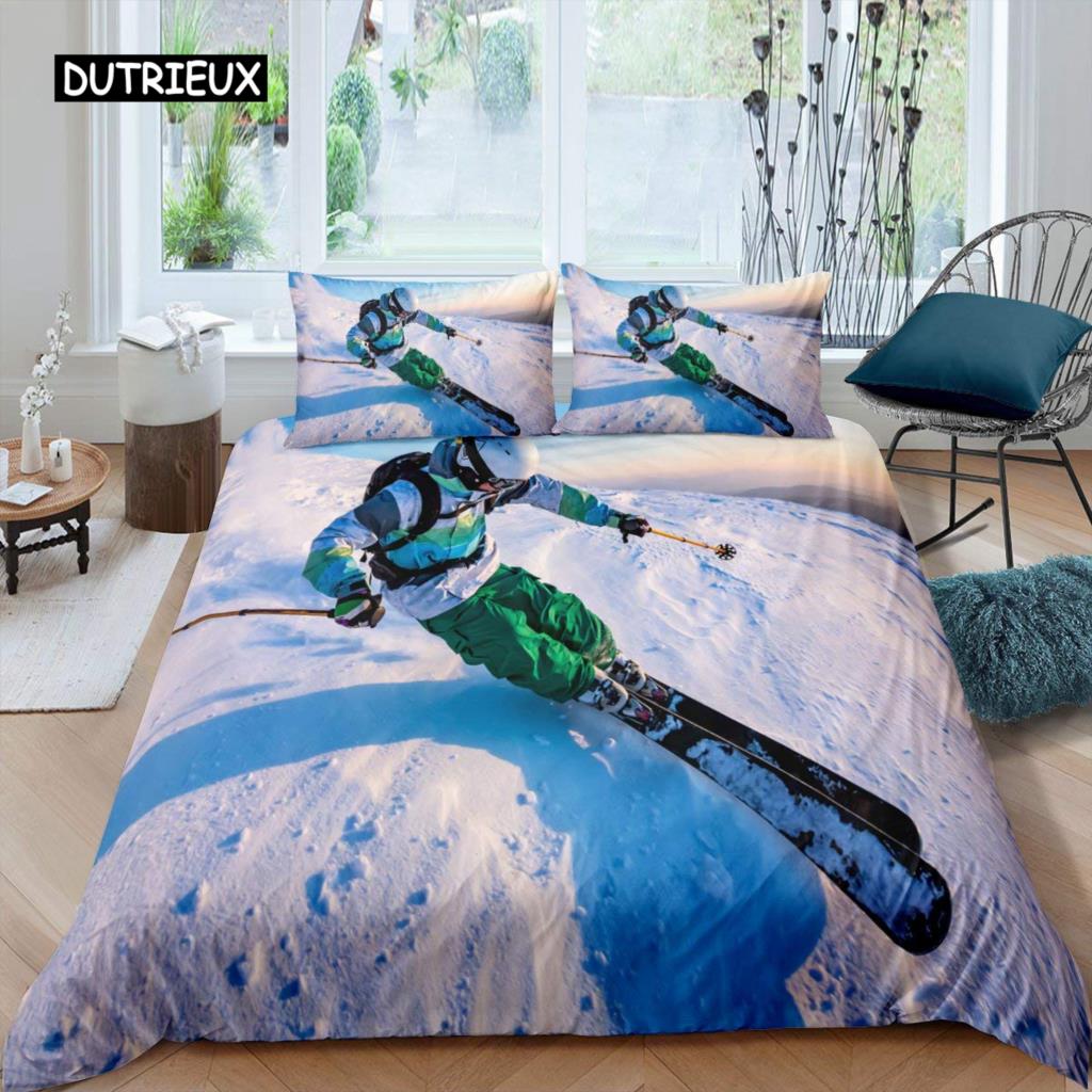Ski-Bettbezug-Set, Cartoon-Ski-Bettwäsche-Set, Sport-Thema, Bettbezug, Extremsport-Design, Queen- und King-Size-Bettbezug