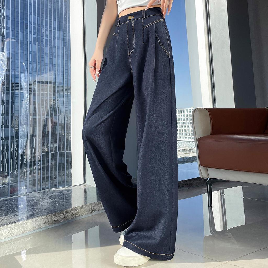 Women's Dark Blue Tencel High-Waisted Slimming Jeans, 2025 Spring/Summer Collection - Straight-Leg, Bright Stitching, Fashionable Draping Design.