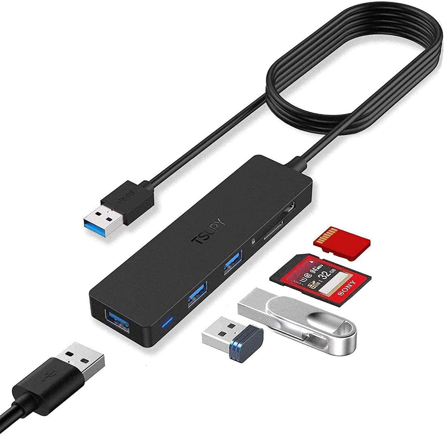 

TSUPY USB-концентратор USB-концентратор SD Micro SD 5 портов 120 см Питание от шины Легкий Компактный Совместим с PS4 Ноутбуки Удаленная работа Удаленная работа из дома 3.0