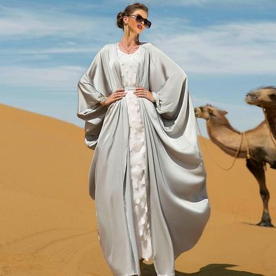 Moteriški drabužiai Rankų darbo Kalnų krištolas Sidabrinė Pilka Dviejų dalių Dubajaus Ramadan Slim Cardigan Musulmoniška suknelė