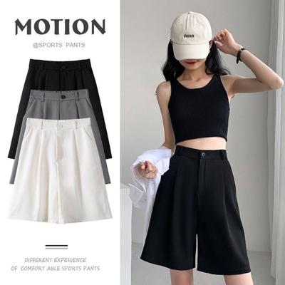 2024 Damen Sommer High Waist Schwarze Anzugshorts - Schlankmachend, Locker, Fünf-Punkt-Stil mit Bundkante
