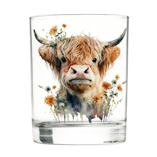 Bicchiere in Vetro Mucca delle Highlands, Bicchiere Termico Acquerello Floreale Dipinto a Mano, Tazza Trasparente per Latte Caffè Whiskey, Regalo per Amanti degli Animali
