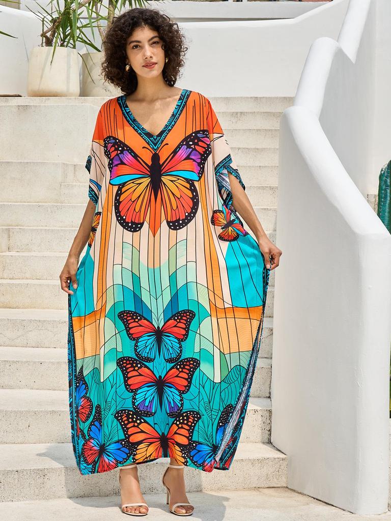 European & American Cotton Print Beach Cover-Up Long Dress - Plus Size Swimsuit Sunscreen Robe