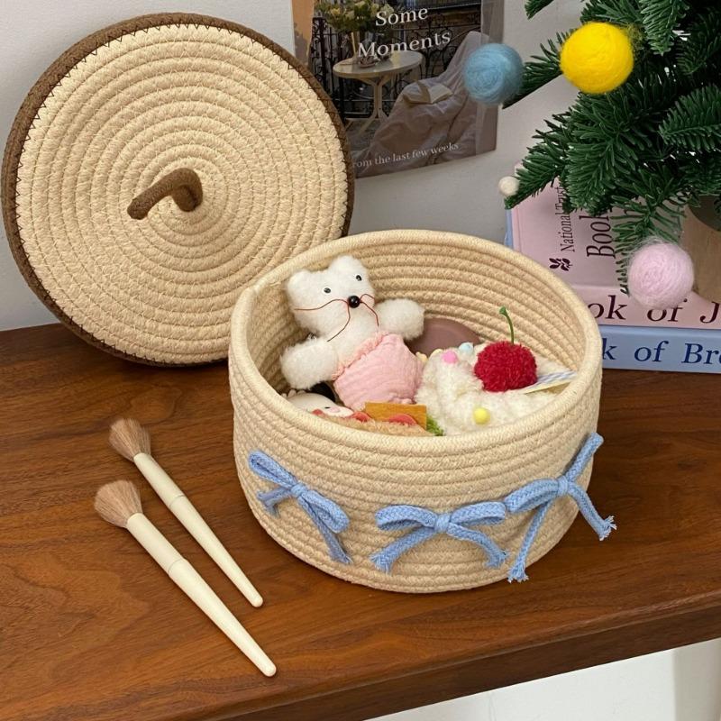 1PC Cute Cotton Thread Woven Storage Basket Home with Lid Storage Sundries Storage Basket Desktop Dustproof Ornament Drawer Storage