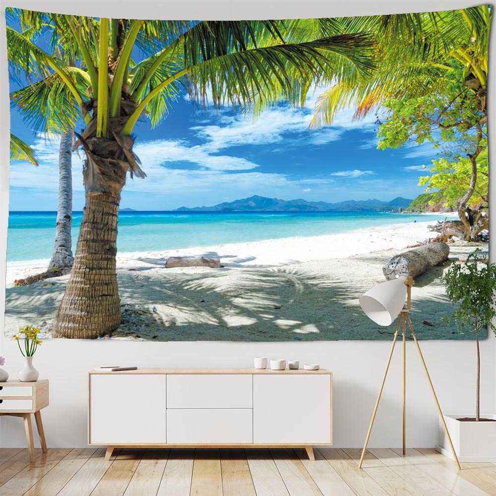Beautiful Sea Scenery Tapestry Sea Vintage Beach Seascape Palm Tree Tapestry Wall Hanging Tapestries Boho Bedroom Wall Rug Premium Quality