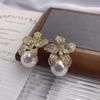 Temperament Flower Imitation Pearl Stud Earrings Women Luxury Inlaid Sparkling CZ Stone Fashion Wedding Bride Jewelry Wholesale
