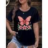 Women's Plus Size Butterfly Floral Print Casual T-Shirt - Short Sleeve Round Neck Relaxed Fit Top, Machine Washable All-Season Comfort Tee