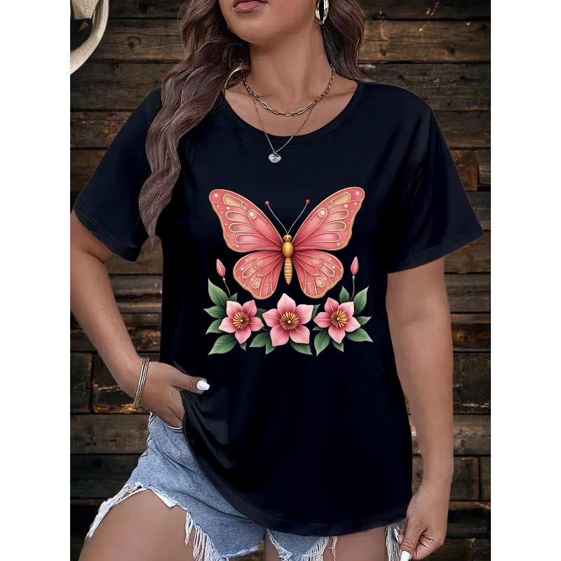 Women's Plus Size Butterfly Floral Print Casual T-Shirt - Short Sleeve Round Neck Relaxed Fit Top, Machine Washable All-Season Comfort Tee