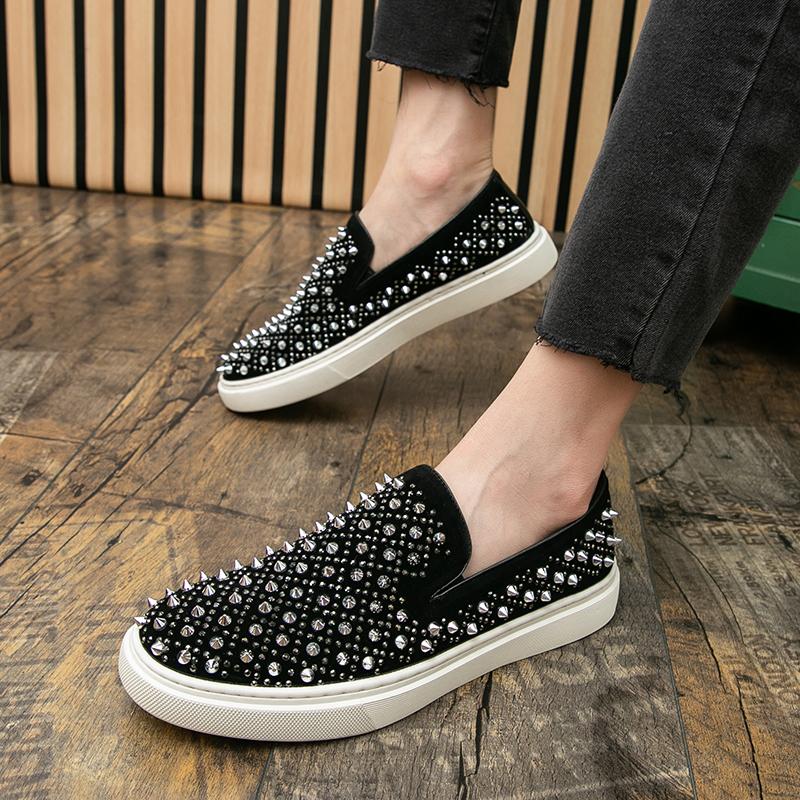 Luxury Designer Low Top Silver Rivet Rhinestone Casual Shoes Black Sneakers For Men Outdoor Walking Shoes