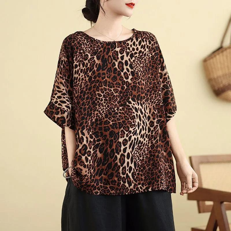 Cotton and Linen Women's Summer Thin Casual Fashion Printed Shirt Loose Short-sleeved Round Neck Top