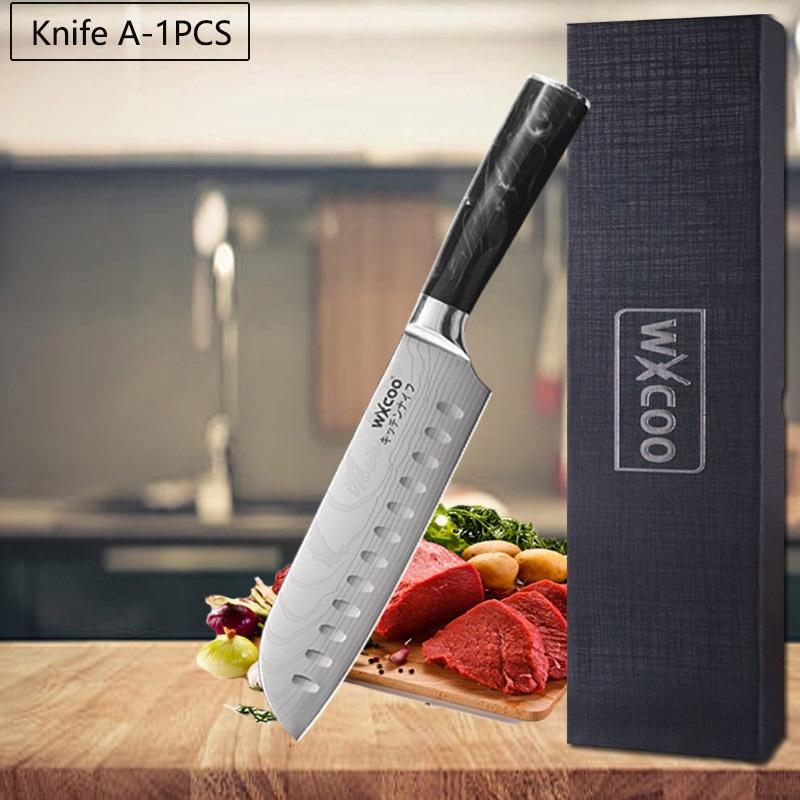 WXCOO Professional Kitchen Knives Household Meat Cleaver Serrated Steak Knives Japanese Santoku Fish Fillet Knife with Box