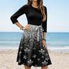 Women's Fashion Casual Waistband Seven Sleeve Round Neck Floral Flowy Dresses