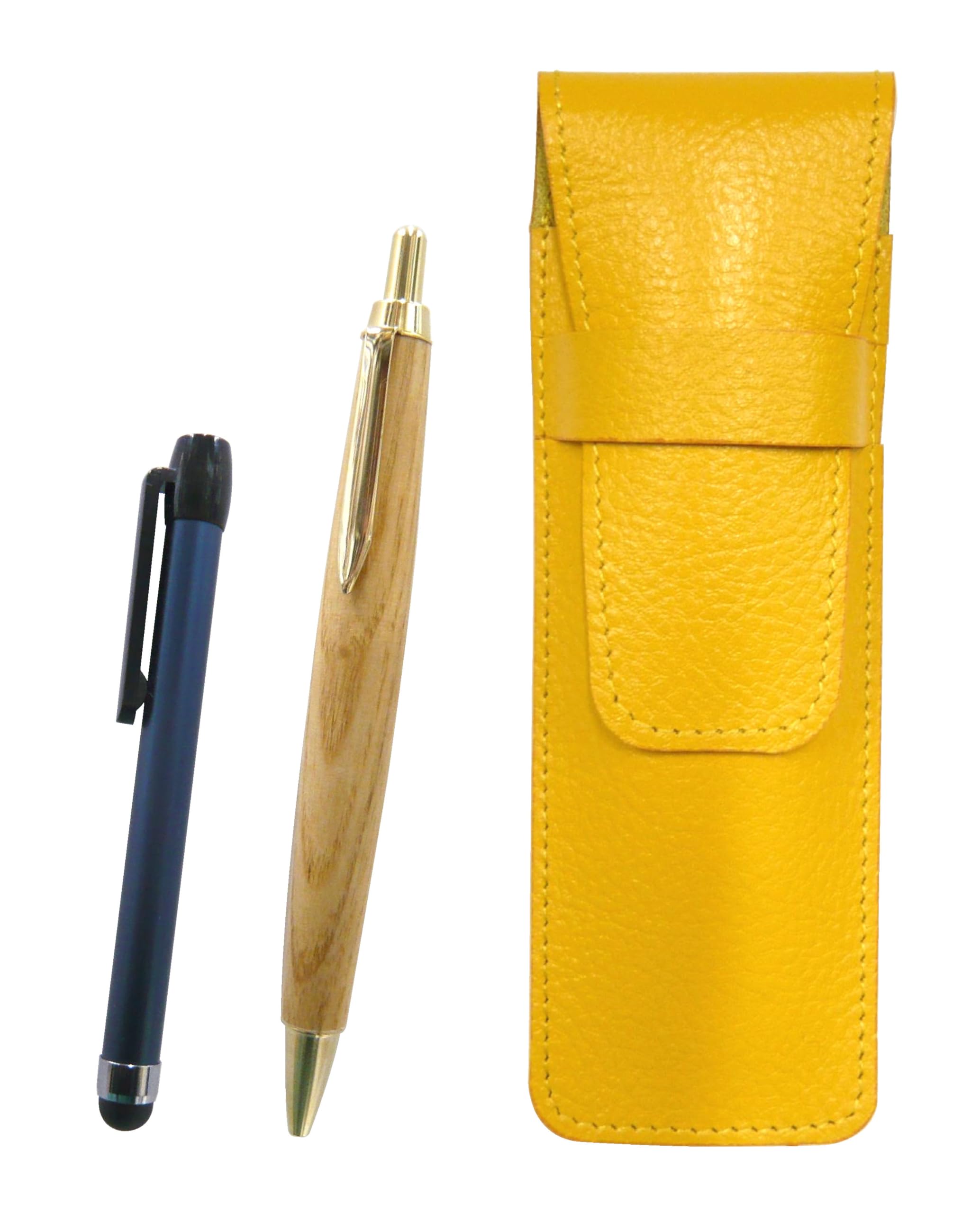 

Желтый чехол для ручек из зернистой кожи с синей металлической ручкой и набором из 2 шариковых ручек Retro Maple (SASY-ALL-HS47S-2)